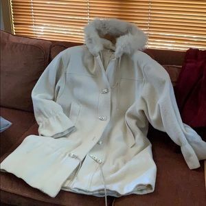 Vintage wool winter coat, fur trim hood.